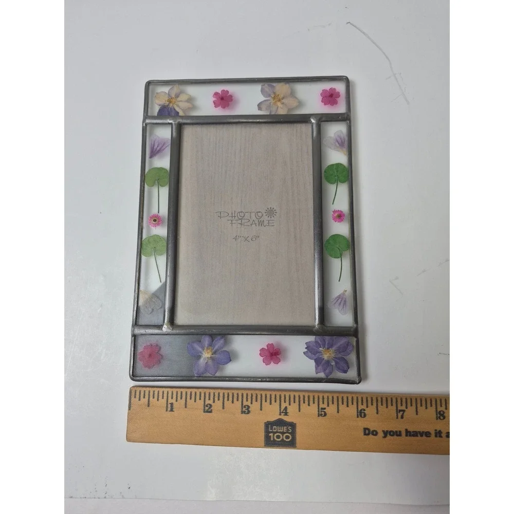 Vintage Stained Glass Pressed Flower Photo Frame 4x6 Botanical Cottagecore Decor